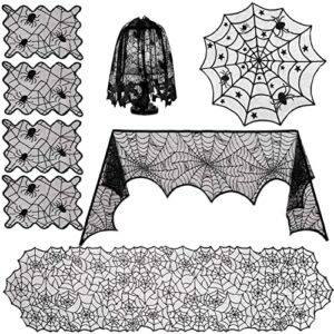 sunnyglade 8 pack halloween spider cobweb lace tablecloth set,fireplace mantel scarf & lace table runner & round table cover & spider lampshade & rectangular placemat for halloween party decorations