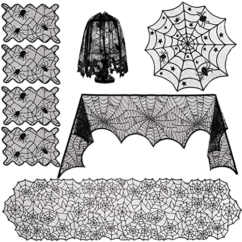 Sunnyglade 8 Pack Halloween Spider Cobweb Lace Tablecloth Set,Fireplace Mantel Scarf & Lace Table Runner & Round Table Cover & Spider Lampshade & Rectangular Placemat for Halloween Party Decorations