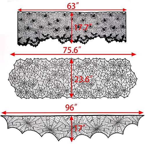 Sunnyglade 8 Pack Halloween Spider Cobweb Lace Tablecloth Set,Fireplace Mantel Scarf & Lace Table Runner & Round Table Cover & Spider Lampshade & Rectangular Placemat for Halloween Party Decorations