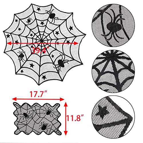 Sunnyglade 8 Pack Halloween Spider Cobweb Lace Tablecloth Set,Fireplace Mantel Scarf & Lace Table Runner & Round Table Cover & Spider Lampshade & Rectangular Placemat for Halloween Party Decorations