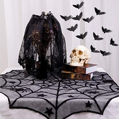 Sunnyglade 8 Pack Halloween Spider Cobweb Lace Tablecloth Set,Fireplace Mantel Scarf & Lace Table Runner & Round Table Cover & Spider Lampshade & Rectangular Placemat for Halloween Party Decorations