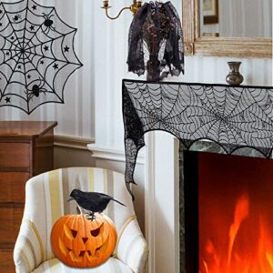 Sunnyglade 8 Pack Halloween Spider Cobweb Lace Tablecloth Set,Fireplace Mantel Scarf & Lace Table Runner & Round Table Cover & Spider Lampshade & Rectangular Placemat for Halloween Party Decorations