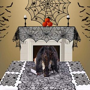 Sunnyglade 8 Pack Halloween Spider Cobweb Lace Tablecloth Set,Fireplace Mantel Scarf & Lace Table Runner & Round Table Cover & Spider Lampshade & Rectangular Placemat for Halloween Party Decorations