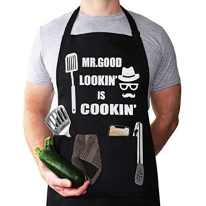 funny chef apron , mr. good lookin’ is cookin’ apron, bbq grill apron, mens apron, 2 utility pockets, adjustable neck and extra long waist ties. best for cooking, grilling, mens gifts for brithday.