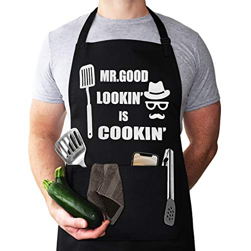 Funny Chef Apron , Mr. Good Lookin’ is Cookin’ Apron, BBQ Grill Apron, Mens apron, 2 Utility Pockets, Adjustable Neck and Extra Long Waist Ties. Best for Cooking, Grilling, Mens gifts for brithday.