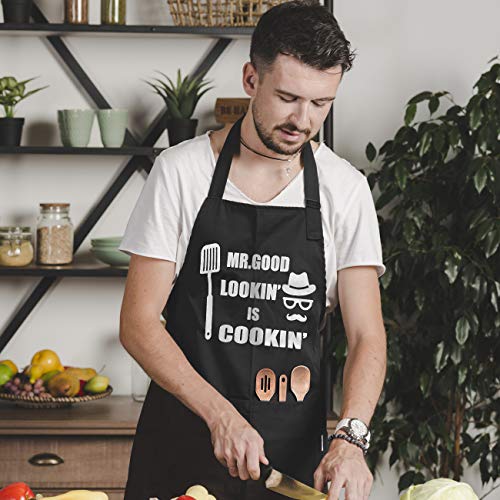 Funny Chef Apron , Mr. Good Lookin’ is Cookin’ Apron, BBQ Grill Apron, Mens apron, 2 Utility Pockets, Adjustable Neck and Extra Long Waist Ties. Best for Cooking, Grilling, Mens gifts for brithday.