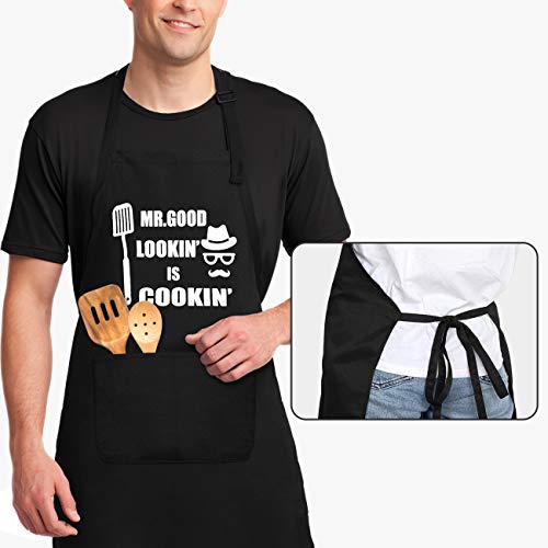 Funny Chef Apron , Mr. Good Lookin’ is Cookin’ Apron, BBQ Grill Apron, Mens apron, 2 Utility Pockets, Adjustable Neck and Extra Long Waist Ties. Best for Cooking, Grilling, Mens gifts for brithday.