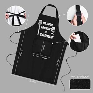 Funny Chef Apron , Mr. Good Lookin’ is Cookin’ Apron, BBQ Grill Apron, Mens apron, 2 Utility Pockets, Adjustable Neck and Extra Long Waist Ties. Best for Cooking, Grilling, Mens gifts for brithday.