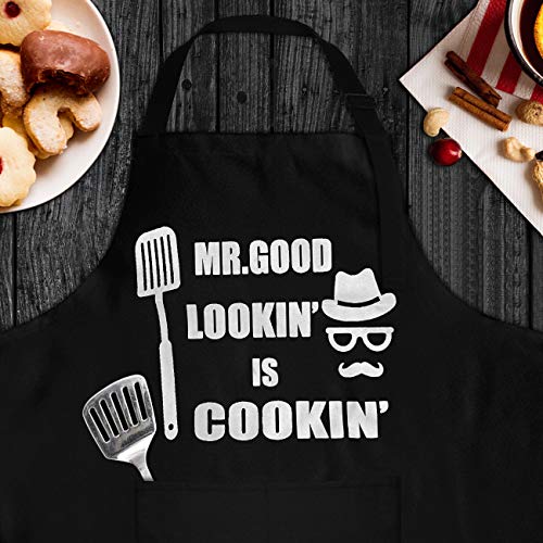 Funny Chef Apron , Mr. Good Lookin’ is Cookin’ Apron, BBQ Grill Apron, Mens apron, 2 Utility Pockets, Adjustable Neck and Extra Long Waist Ties. Best for Cooking, Grilling, Mens gifts for brithday.