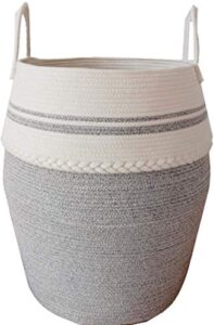 laundry basket woven cotton rope large clothes hamper 16" d x 25" h, tall basket with extended cotton handles for storage clothes toys in bedroom, bathroom, foldable white and gray by gecious