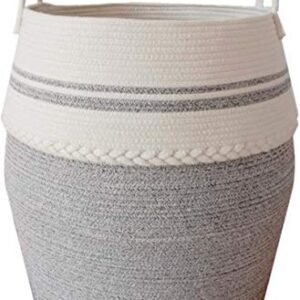 Laundry Basket Woven Cotton Rope Large Clothes Hamper 16" D x 25" H, Tall Basket with Extended Cotton Handles for Storage Clothes Toys in Bedroom, Bathroom, Foldable White and Gray by Gecious