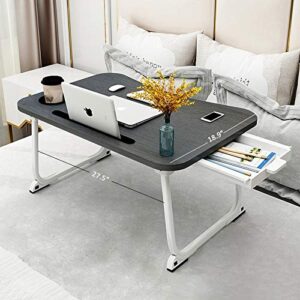 xxl laptop table,portable lap table with beverage holder and storage drawer,standing floor table adult work,folding laptop tray for student study writing eating on bed couch office(27.5”x18.9”x11”)