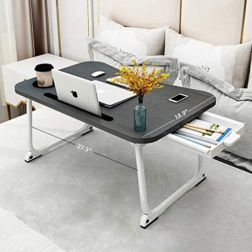 XXL Laptop Table,Portable Lap Table with Beverage Holder and Storage Drawer,Standing Floor Table Adult Work,Folding Laptop Tray for Student Study Writing Eating on Bed Couch Office(27.5”x18.9”x11”)