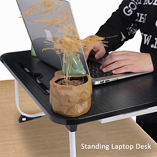 XXL Laptop Table,Portable Lap Table with Beverage Holder and Storage Drawer,Standing Floor Table Adult Work,Folding Laptop Tray for Student Study Writing Eating on Bed Couch Office(27.5”x18.9”x11”)