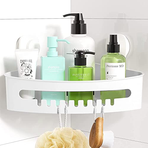 LUXEAR Suction Cup Corner Shower Caddy Wall Mounted Shower Shelf Bathroom Storage Basket - No-Drilling Removable Plastic Storage Organizer for Bathroom Shower Kitchen - White