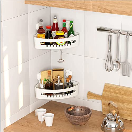 LUXEAR Suction Cup Corner Shower Caddy Wall Mounted Shower Shelf Bathroom Storage Basket - No-Drilling Removable Plastic Storage Organizer for Bathroom Shower Kitchen - White