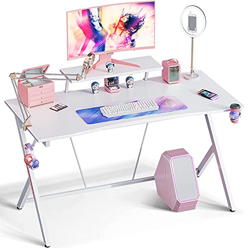 MOTPK White Gaming Desk 55inch with Monitor Shelf Computer Desk Gaming Table Desk for Girls with Cup Holder and Headphone Hook Gamer Workstation Game Table, Gift for Girls Women