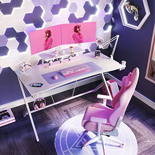 MOTPK White Gaming Desk 55inch with Monitor Shelf Computer Desk Gaming Table Desk for Girls with Cup Holder and Headphone Hook Gamer Workstation Game Table, Gift for Girls Women