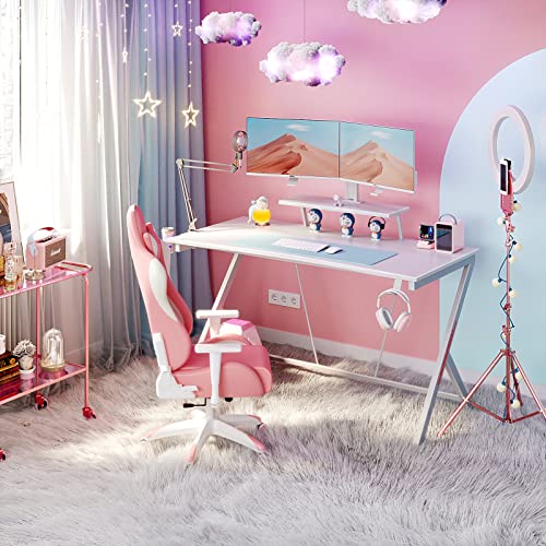 MOTPK White Gaming Desk 55inch with Monitor Shelf Computer Desk Gaming Table Desk for Girls with Cup Holder and Headphone Hook Gamer Workstation Game Table, Gift for Girls Women