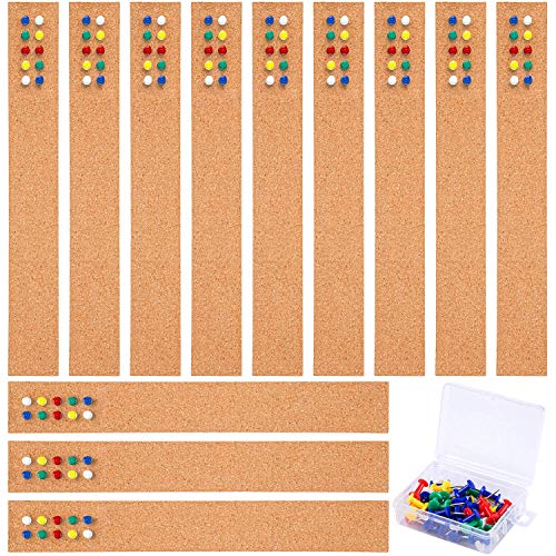 Cooraby 12 Pack Cork Strips 15 x 2 Inch Frameless Self-Adhesive Cork Board with 40 Pieces Cork Board Pins for Classroom Office