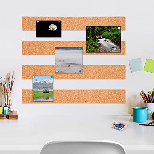 Cooraby 12 Pack Cork Strips 15 x 2 Inch Frameless Self-Adhesive Cork Board with 40 Pieces Cork Board Pins for Classroom Office