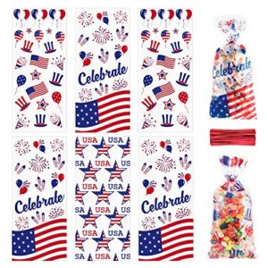 whaline 150pcs patriotic cello bag, 11.4" x 5.1" candy cellophane bags with red twist tie, 3 style 4th of july gifts bags party favors treat bags for sports event independence day party table setting