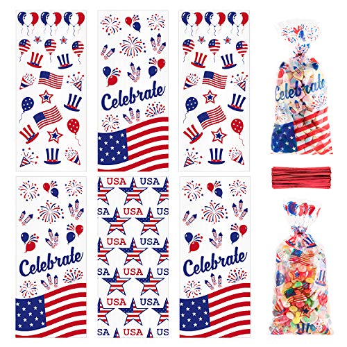 Whaline 150Pcs Patriotic Cello Bag, 11.4" x 5.1" Candy Cellophane Bags with Red Twist Tie, 3 Style 4th of July Gifts Bags Party Favors Treat Bags for Sports Event Independence Day Party Table Setting