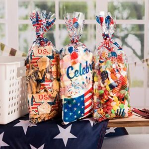 Whaline 150Pcs Patriotic Cello Bag, 11.4" x 5.1" Candy Cellophane Bags with Red Twist Tie, 3 Style 4th of July Gifts Bags Party Favors Treat Bags for Sports Event Independence Day Party Table Setting
