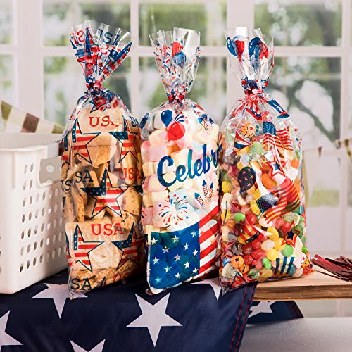 Whaline 150Pcs Patriotic Cello Bag, 11.4" x 5.1" Candy Cellophane Bags with Red Twist Tie, 3 Style 4th of July Gifts Bags Party Favors Treat Bags for Sports Event Independence Day Party Table Setting