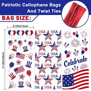 Whaline 150Pcs Patriotic Cello Bag, 11.4" x 5.1" Candy Cellophane Bags with Red Twist Tie, 3 Style 4th of July Gifts Bags Party Favors Treat Bags for Sports Event Independence Day Party Table Setting