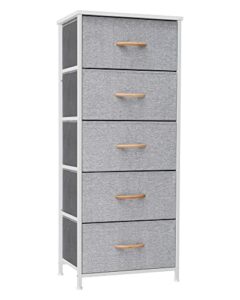 crestlive products vertical dresser storage tower - sturdy steel frame, wood top, easy pull fabric bins, wood handles - organizer unit for bedroom, hallway, entryway, closets - 5 drawers (light gray)