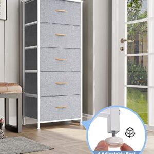 Crestlive Products Vertical Dresser Storage Tower - Sturdy Steel Frame, Wood Top, Easy Pull Fabric Bins, Wood Handles - Organizer Unit for Bedroom, Hallway, Entryway, Closets - 5 Drawers (Light Gray)