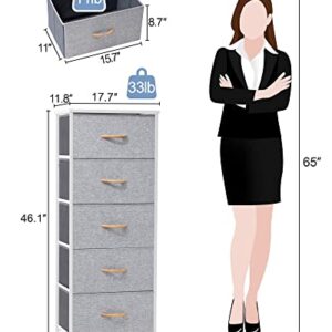 Crestlive Products Vertical Dresser Storage Tower - Sturdy Steel Frame, Wood Top, Easy Pull Fabric Bins, Wood Handles - Organizer Unit for Bedroom, Hallway, Entryway, Closets - 5 Drawers (Light Gray)