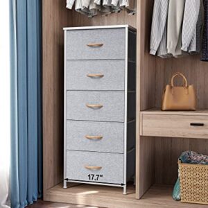 Crestlive Products Vertical Dresser Storage Tower - Sturdy Steel Frame, Wood Top, Easy Pull Fabric Bins, Wood Handles - Organizer Unit for Bedroom, Hallway, Entryway, Closets - 5 Drawers (Light Gray)