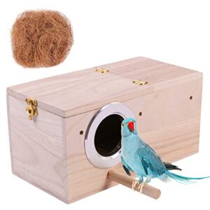 hand crafted extra large parakeet nest box; budgie bird house with natural coconut fiber nesting material; natural wood breeding box for cockatiel, lovebirds, parrotlets and small to medium birds