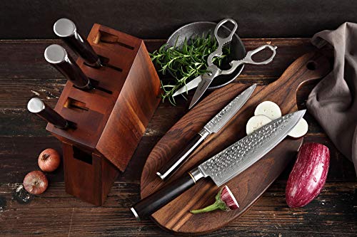 HEZHEN Damascus Steel 7pcs Kitchen Knives Block Set, Multifunctional Kitchen Shears, Professional forging Chef Knife Santoku Nakiri Utility Fruit, Ergonomic Ebony Handle -Classic Series