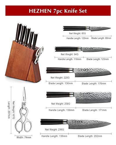 HEZHEN Damascus Steel 7pcs Kitchen Knives Block Set, Multifunctional Kitchen Shears, Professional forging Chef Knife Santoku Nakiri Utility Fruit, Ergonomic Ebony Handle -Classic Series