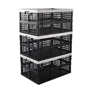 minekkyes 3-pack plastic collapsible storage bin/container, 42 l large folding basket crates, black