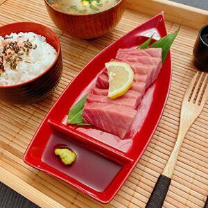 JapanBargain 2385, Set of 2 Sushi Boats Japanese Sashimi Sushi Serving Plate Snack Plate Appetizer Dishes Chip and Dip Plate, 10 inch, Black and Red Color