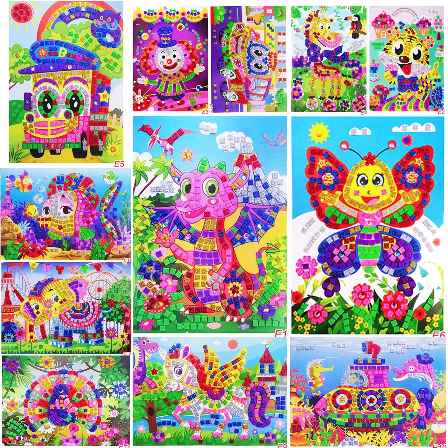 Mosaic Sticker Art Kits for Kids - Mosaic Sticker Art Sticky DIY Handmade Art Kits for Kids - Dinosaur, Horse, Peacock, Elephant, Tiger, Giraffe, Fish, Bee, Clown, Bus, Taxi, Submarine(12 Pack)
