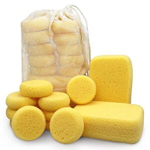 Premium Synthetic Horse Tack Sponges: 12pc Value Pack (10 Round 2.8" x1", 2 Large 6"x4"x2") with Cotton Bag, for Saddles, Bridles, Boots and Leather Care by Equus Constantia