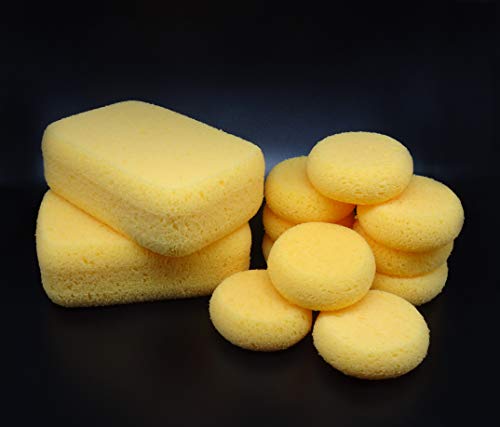 Premium Synthetic Horse Tack Sponges: 12pc Value Pack (10 Round 2.8" x1", 2 Large 6"x4"x2") with Cotton Bag, for Saddles, Bridles, Boots and Leather Care by Equus Constantia