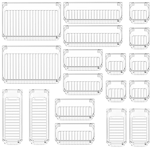 Puroma 18Pcs Drawer Organizer Set 4-size Versatile Vanity and Bathroom Drawer Organizers, Clear Plastic Desk Drawer Organizer Trays and Customize Layout Storage Bins for Makeup Kitchen Office (Clear)