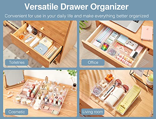 Puroma 18Pcs Drawer Organizer Set 4-size Versatile Vanity and Bathroom Drawer Organizers, Clear Plastic Desk Drawer Organizer Trays and Customize Layout Storage Bins for Makeup Kitchen Office (Clear)