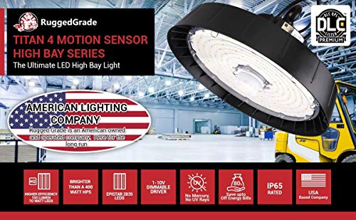 RuggedGrade Titan IV Series Motion Sensor 35,000 Lumen LED High Bay Light - 240 Watt LED High Bay Lighting UFO LED Light - Ultra Efficient 145 Lumens to watt - 5000K - DLC 5.1 Premium - Rugged Grade