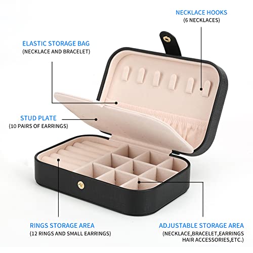 FEISCON Small Jewelry Box Necklace Ring Storage Organizer Mini Jewelry case Double Layer Travel Jewelry Organizer for Women Girls Gift/Black