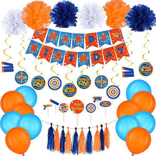 53 Pieces Dart Battle Happy Birthday Banner Decorations Dart Gun Birthday Supplies Paper Flower Pom Pom Hanging Swirls Latex Balloons Tassel Garland Cake Cupcake Topper