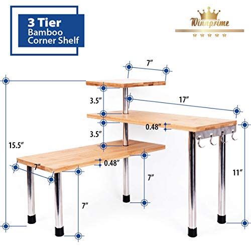 WINNPRIME Kitchen Countertop Corner Shelf - 3 Tier Counter Shelf Stand Bamboo & Metal Storage Organization with Hooks, Spice Rack Display Shelves, Adjustable for Kitchen, Bathroom & Office