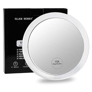 glam hobby15x magnifying mirror – use for makeup application - tweezing – and blackhead/blemish removal – 6.3 inch round mirror with three suction cups for easy mounting