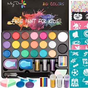 maydear face painting kit for kids - 20 colors water based makeup palette with stencils, glitters, rainbow split cake, hair dye clips, for parties, halloween, safe professional body & face paint kit